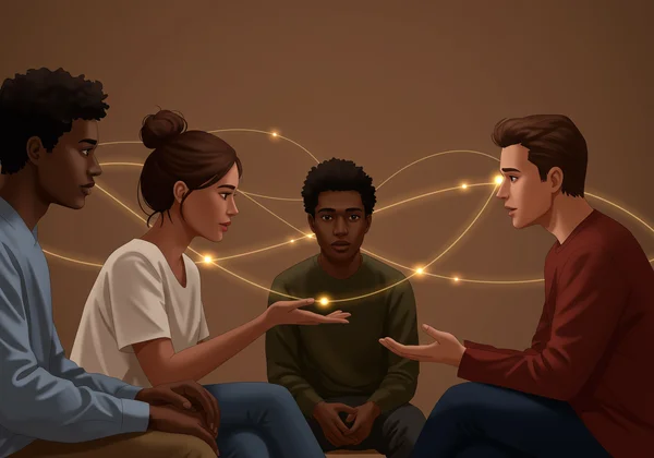 Diverse people connecting, actively listening, showing empathy.