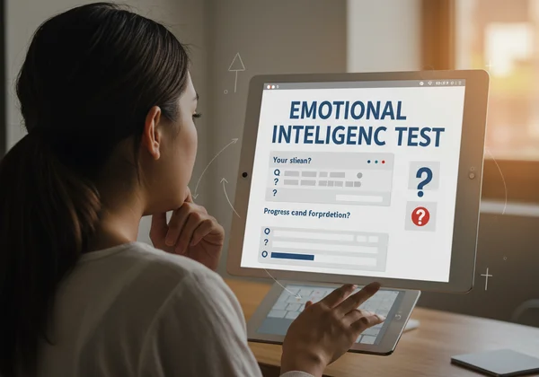 Person reflecting on personal growth with an online EQ test.