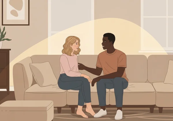 Diverse couple discussing, showing emotional connection